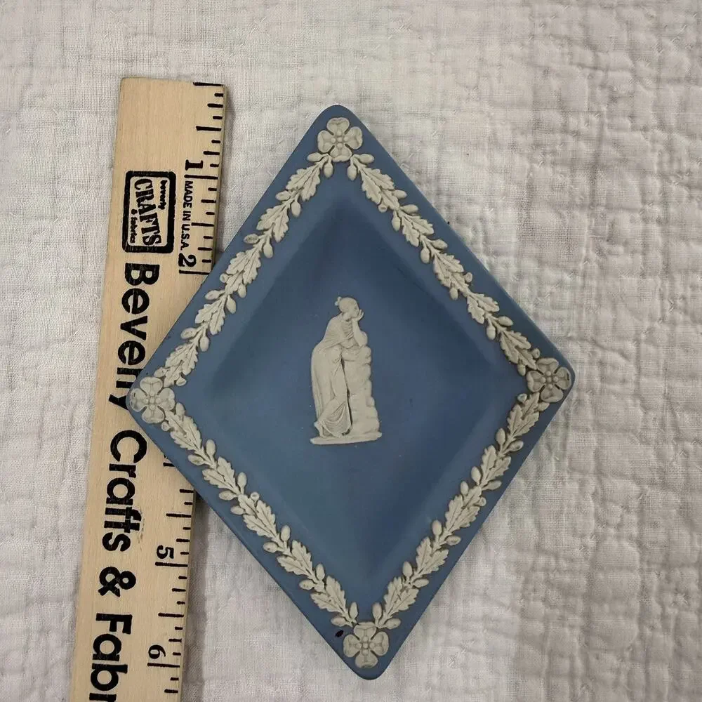 Antique Wedgewood Blue Jasperware Diamond Trinket Ring Dish Goddess Playing Harp